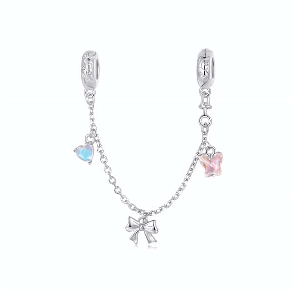 Buzzworthy Beauties: 10 Must-Have Bug-Inspired Jewelry Pieces of 2023 32 Sterling silver Ballet Safety Chain featuring pink butterfly, silver ribbon bow, and blue moonstone heart charms.