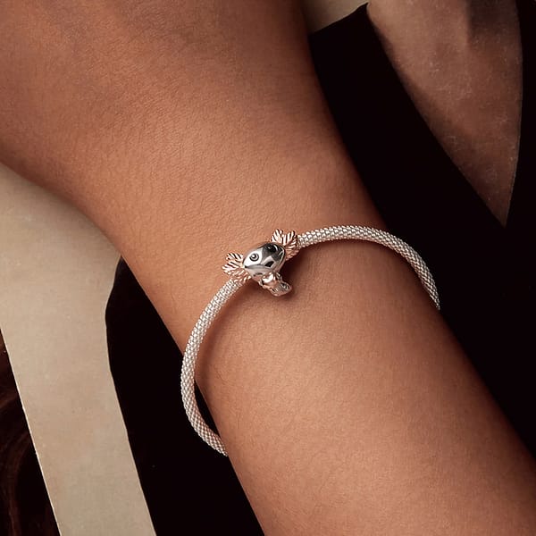 Celebrate Your Love for Pets on National Love Your Pet Day 33 Cute Axolotl Charm in s925 sterling silver with rose-gold-plated gills, holding a tiny heart, part of the Pet Charms Collection. Unique, animal-inspired jewelry with enamel and white gold plating. Perfect charm for animal lovers or as a thoughtful gift.