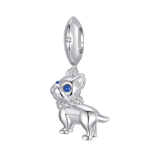 Celebrate Your Love for Pets on National Love Your Pet Day 14 Sterling silver French Bulldog dangle charm with blue spinel eyes, cubic zirconia collar, and white gold plating. A perfect pet-lover charm for bracelets & necklaces.