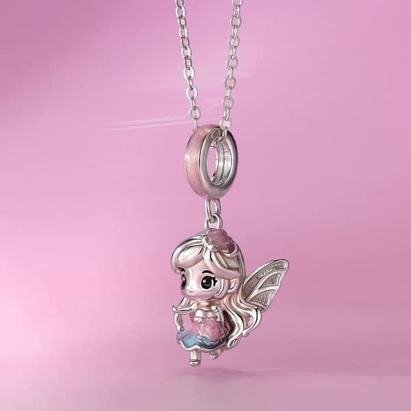 Discover Magic in Every Detail with the Fairy Charms Collection 28 S925 sterling silver Rose Petal Fairy charm with blush-pink enamel and wavy silver hair