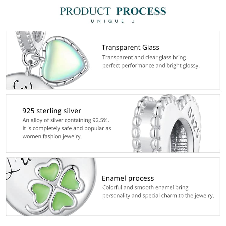 Lucky Four Leaf Clover & Heart Dangle Charm for Pandora Bracelet | S925 Sterling Silver | Go Glam Girl 11 S925 Lucky Four Leaf Clover & Heart Dangle Charm | Meet Luck Collection | Go Glam Girl jewelry shop