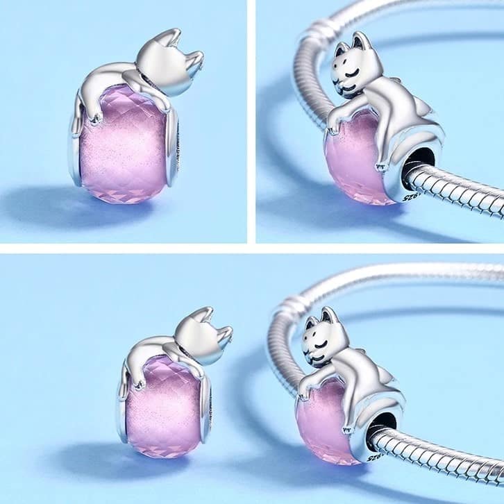 Cute Sleeping Cat on a Pink Glass Charm 8 S925 Cute Sleeping Cat on a Pink Glass Charm | Go Glam Girl jewelry shop