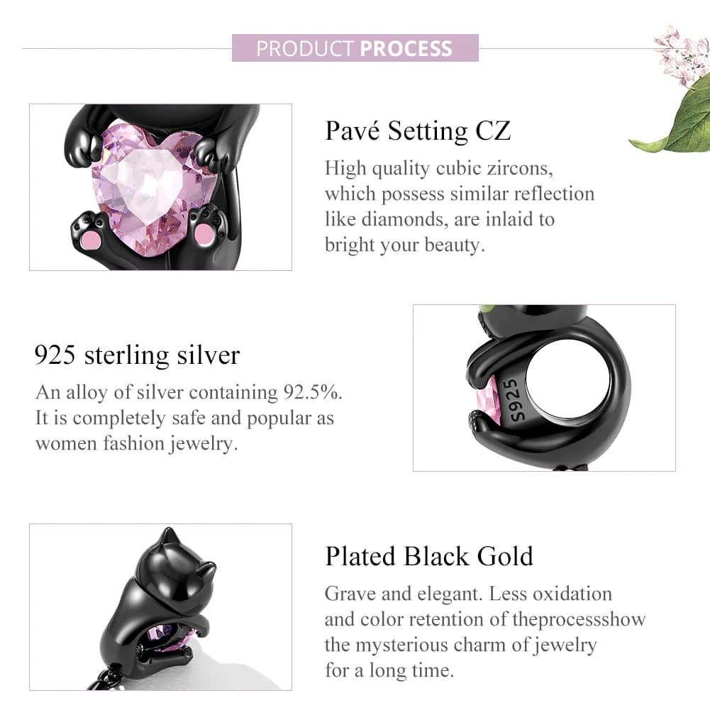 Cute Black Cat Hugging Pink Heart Charm for Pandora Bracelet | Cat Mom Gift | S925 Sterling Silver | Go Glam Girl 9 S925 Cute Black Cat Hugging Pink Heart Charm | Go Glam Girl jewelry shop