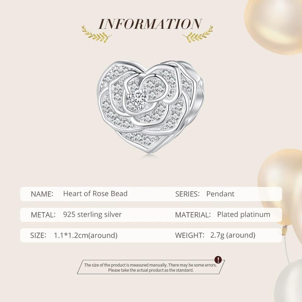 Rose Heart Charm for Pandora Bracelet | Wedding Day Gift | S925 Sterling Silver | Go Glam Girl 10 Rose Heart Charm | Wedding Series | Go Glam Girl jewelry shop