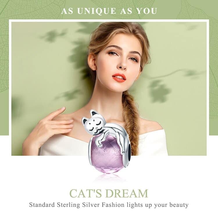 Cute Sleeping Cat on a Pink Glass Charm 5 S925 Cute Sleeping Cat on a Pink Glass Charm | Go Glam Girl jewelry shop