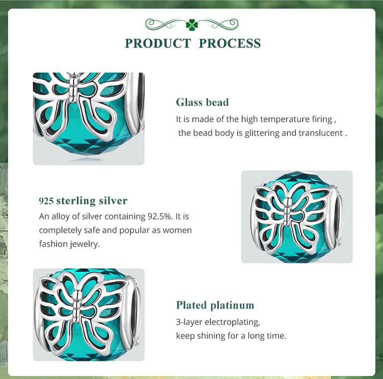 Butterfly on a Green Glass Charm for Pandora Bracelet | S925 Sterling Silver | Go Glam Girl 14 S925 Butterfly on a Green Glass Charm | Meet Luck Collection | Go Glam Girl jewelry shop