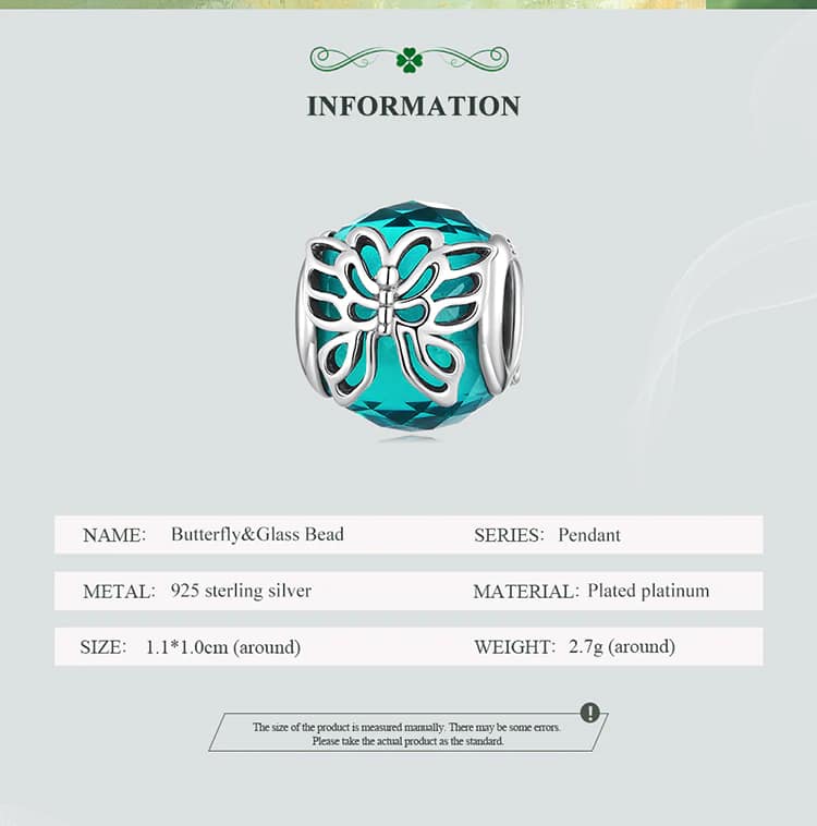 Butterfly on a Green Glass Charm for Pandora Bracelet | S925 Sterling Silver | Go Glam Girl 12 S925 Butterfly on a Green Glass Charm | Meet Luck Collection | Go Glam Girl jewelry shop