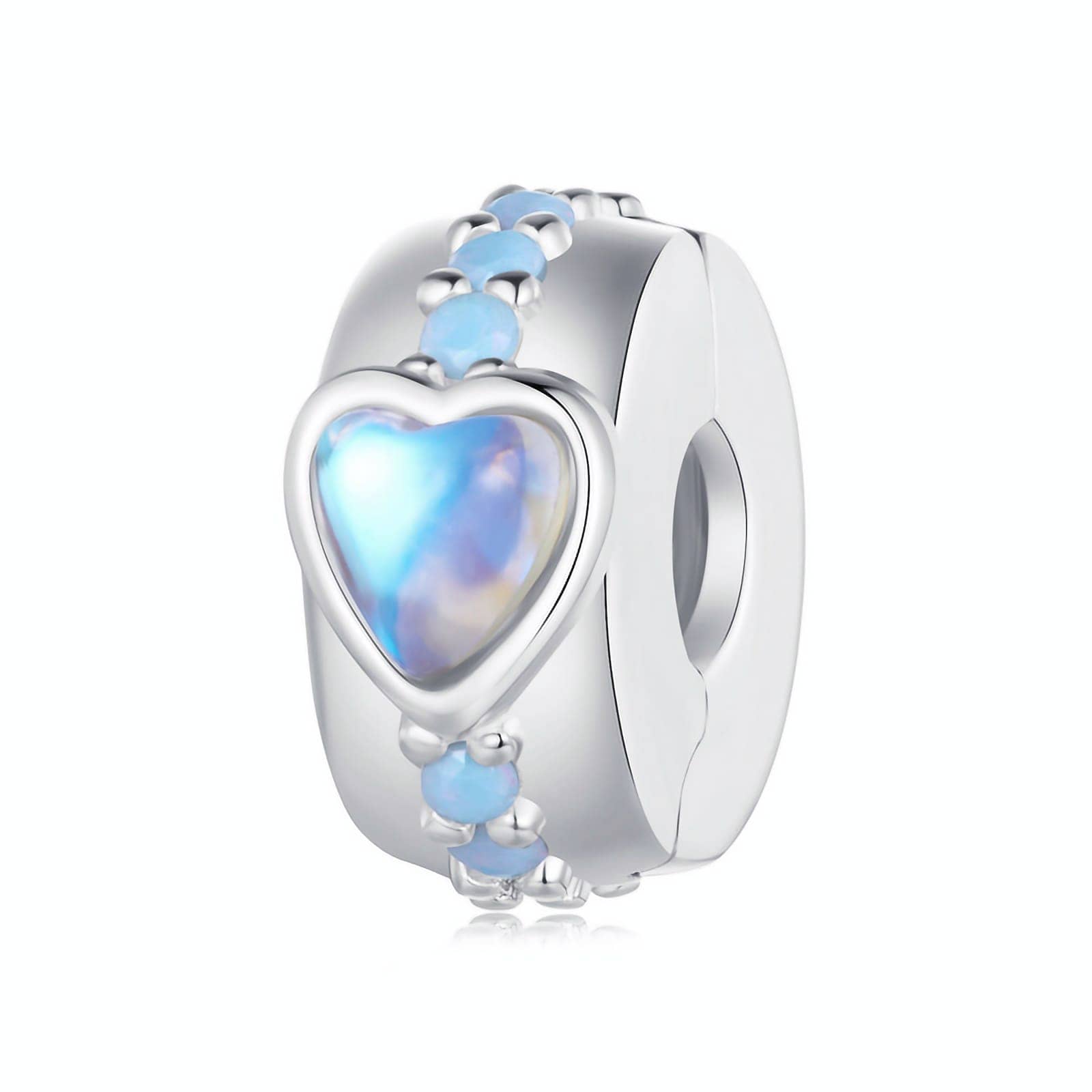 Cinderella Heart Clip Charm in s925 sterling silver, featuring a blue moonstone heart center and a line of opal stones, part of the Cinderella Charms Collection, symbolizing hope.