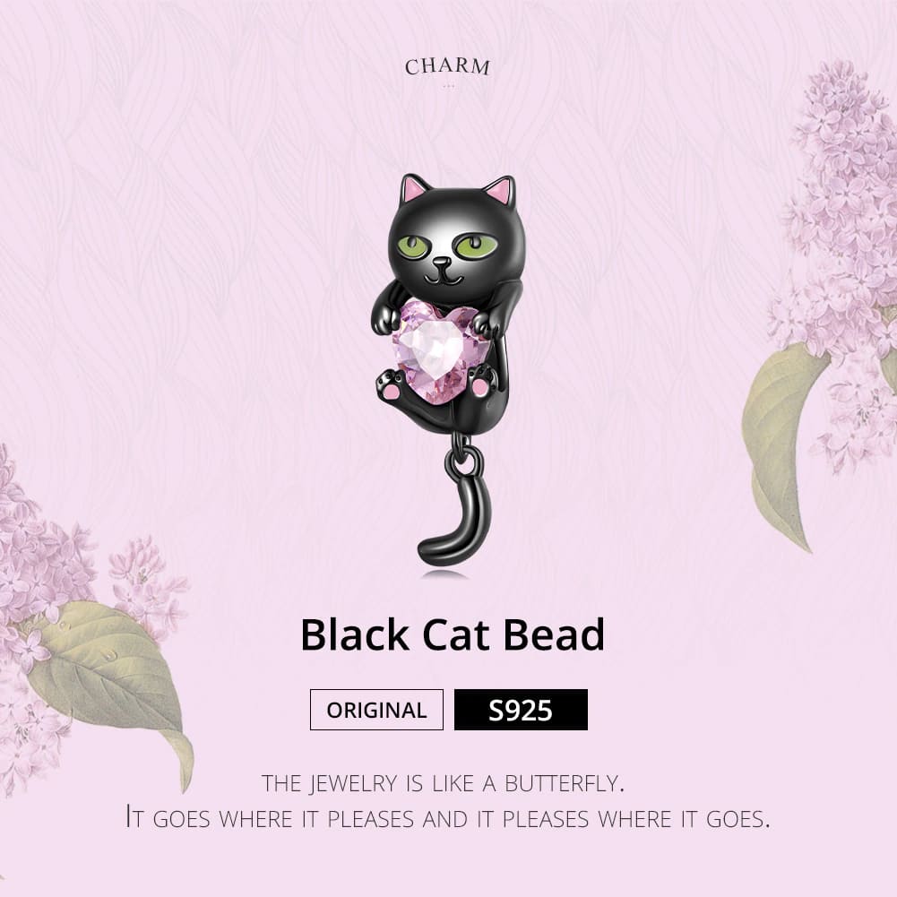 Cute Black Cat Hugging Pink Heart Charm for Pandora Bracelet | Cat Mom Gift | S925 Sterling Silver | Go Glam Girl 5 S925 Cute Black Cat Hugging Pink Heart Charm | Go Glam Girl jewelry shop
