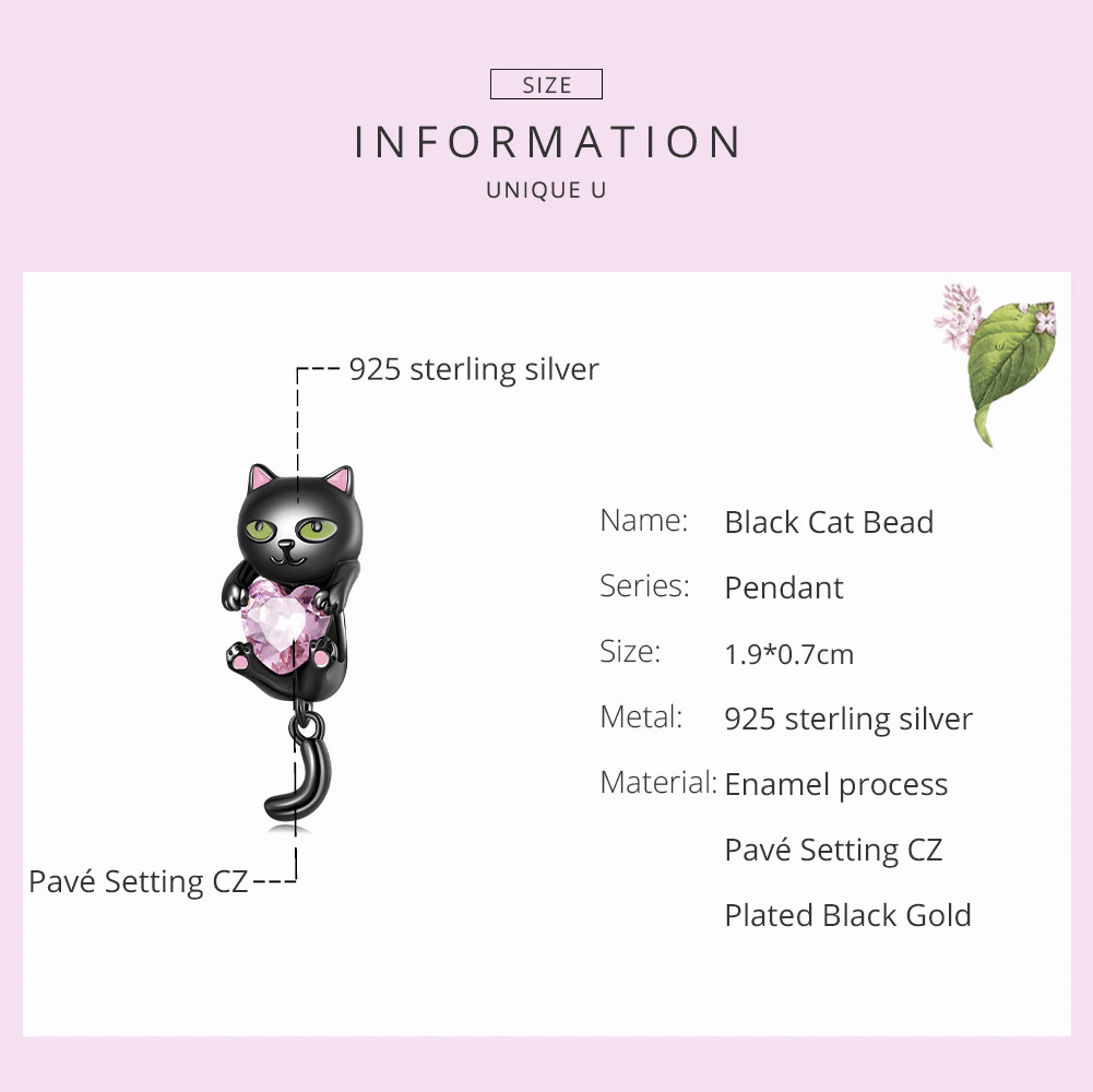 Cute Black Cat Hugging Pink Heart Charm for Pandora Bracelet | Cat Mom Gift | S925 Sterling Silver | Go Glam Girl 7 S925 Cute Black Cat Hugging Pink Heart Charm | Go Glam Girl jewelry shop
