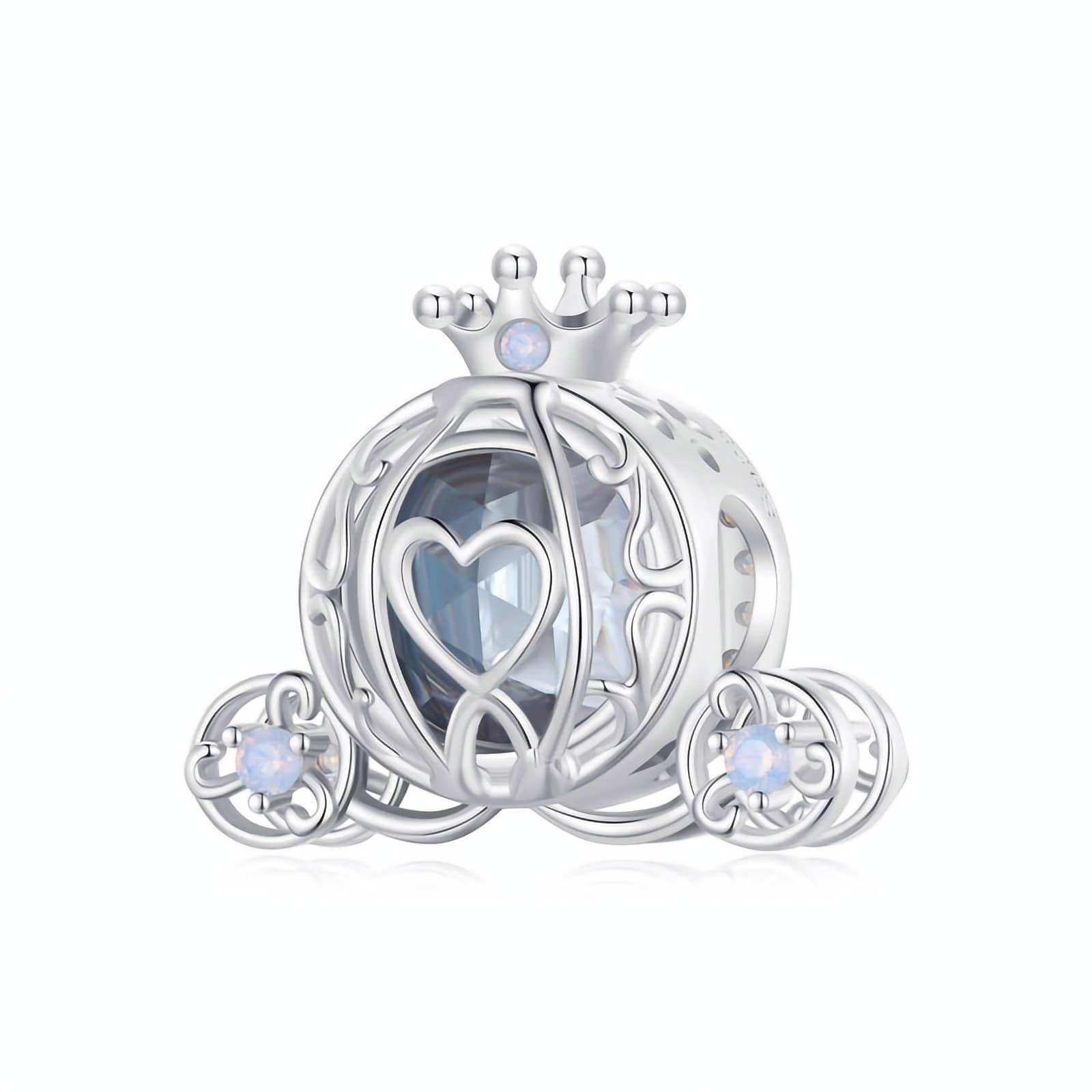 Cinderella Pumpkin Carriage Clock Charm made of s925 sterling silver, featuring intricate details, blue transparent glass, a 12-hour clock design with opal stones, and a small crown on top.