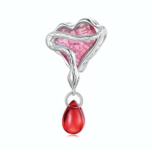Sterling silver Sleeping Beauty Briar Red Rose Heart charm with red crystal accent, inspired by fairy tales and love stories.