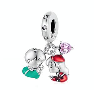 Little Boy and Girl Dangle Charm in Sterling Silver with Cubic Zirconia Heart. Romantic Jewelry Accessory for Bracelets.