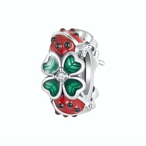 Ladybugs & Four Leaf Clovers Stopper Charm: Sterling silver luck charm with green enamel clovers and red ladybugs. Perfect for stylish bracelet customization!